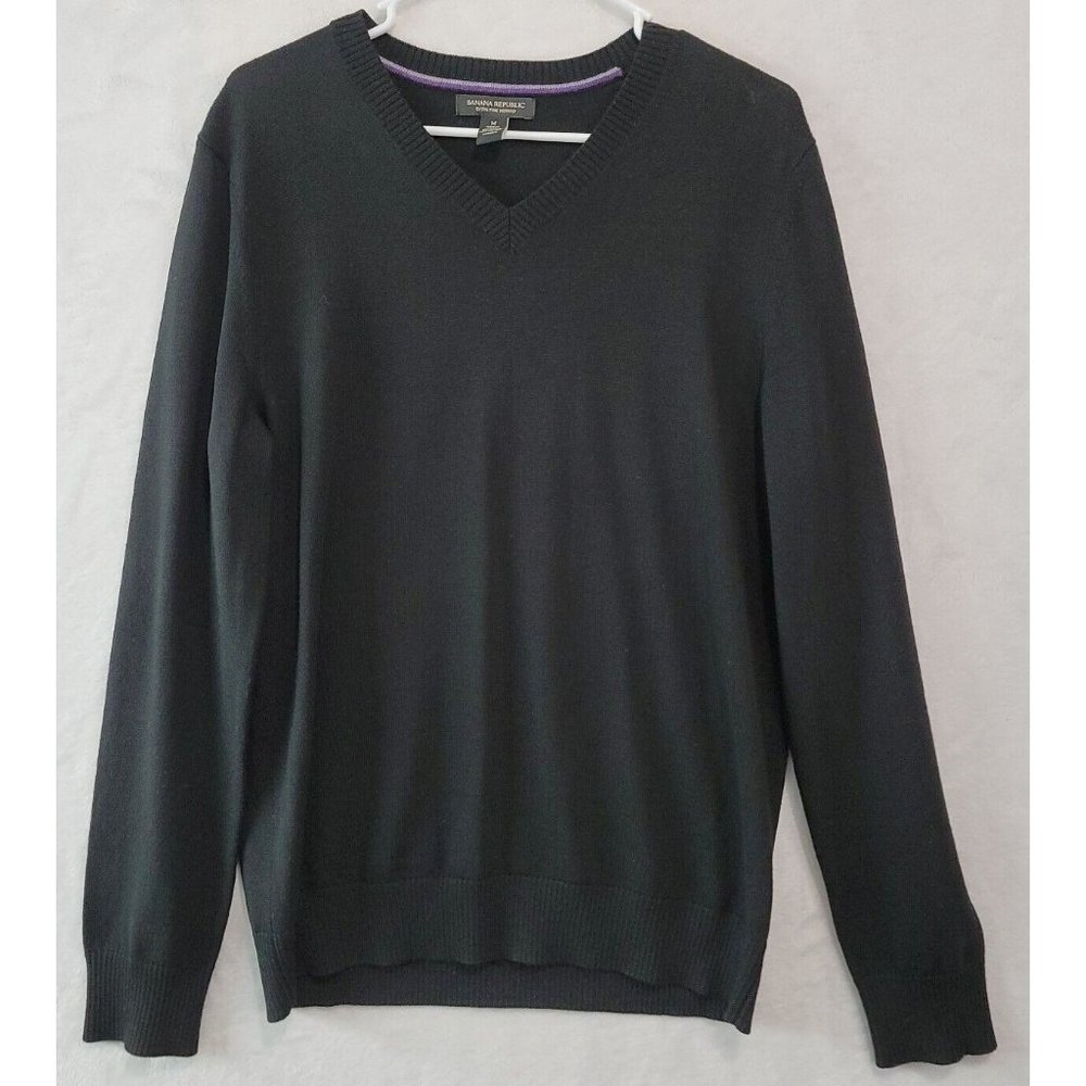 Banana Republic 100% Extra Fine Merino Wool Black V Neck Sweater Size Medium